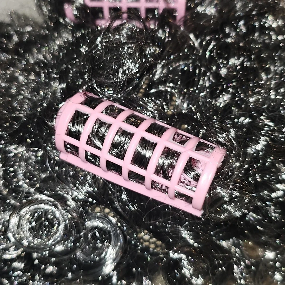 Curly Black (gray) Wig with Pink Hair Rollers, Eyeglasses, Necklace NWOT - Picture 6 of 15